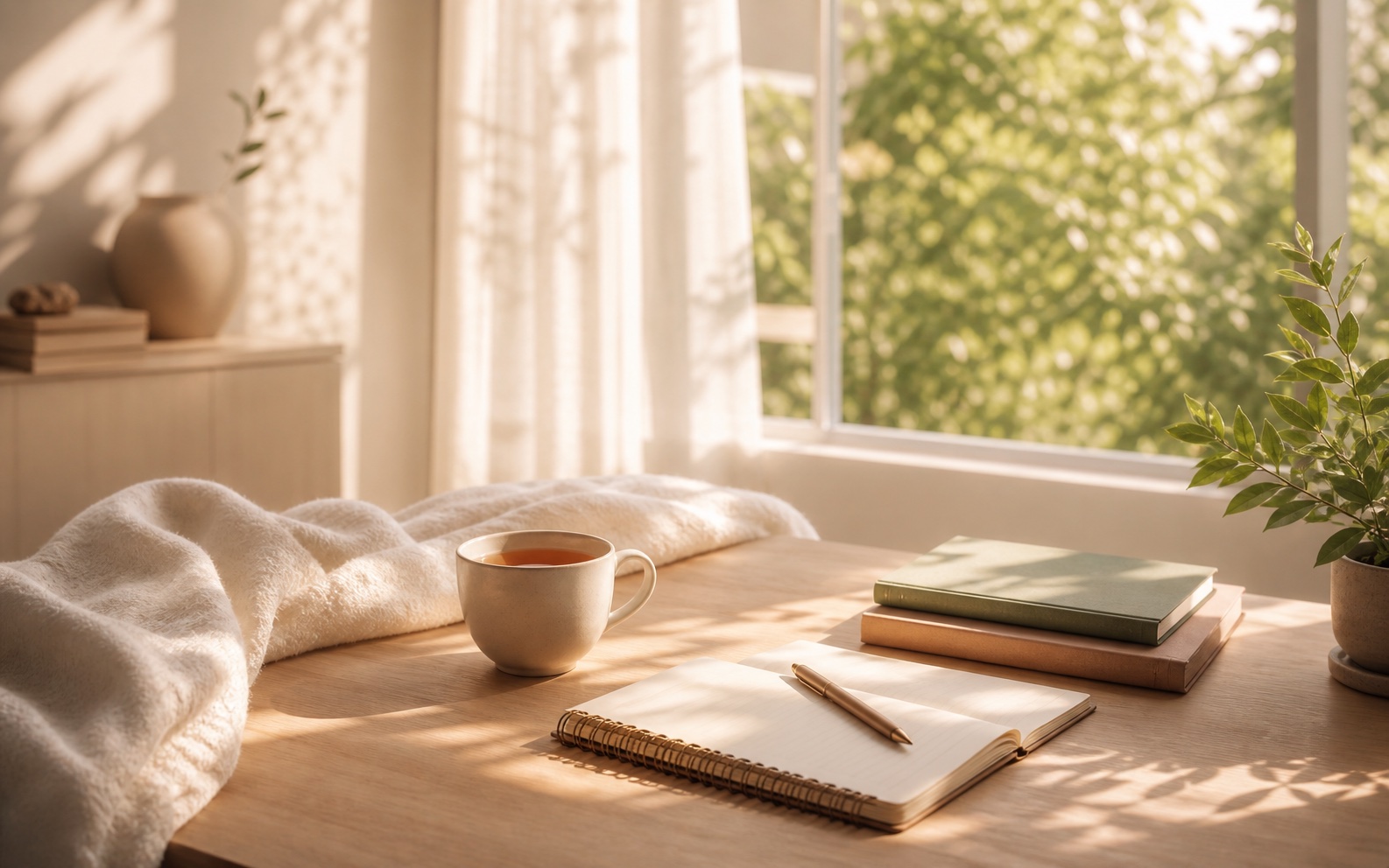 Lichte reflectieruimte met notebook en thee voor verdieping